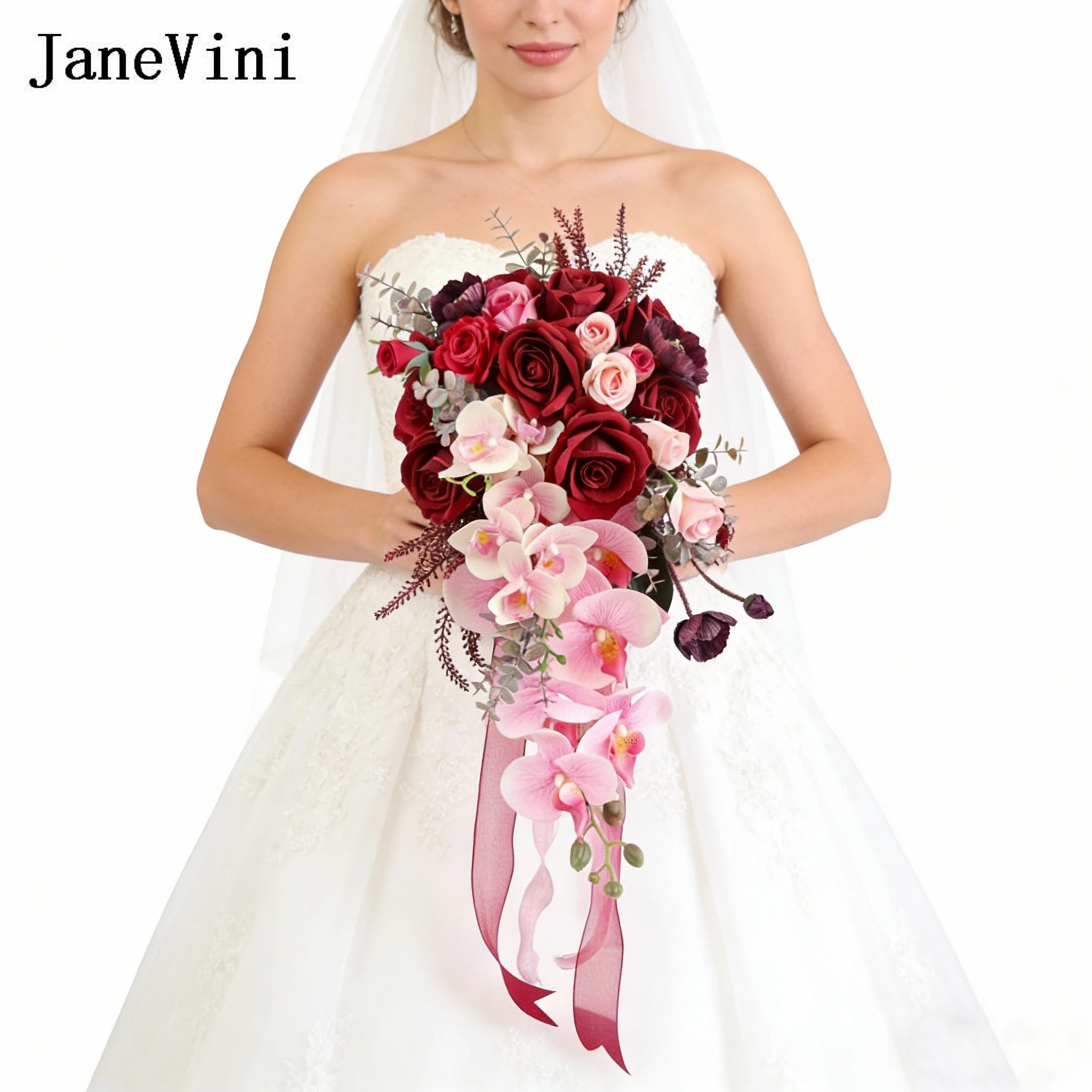 

Винтажные свадебные букеты JaneVini: Искусственные розы, розовые орхидеи и цветы цвета бургундии для невесты