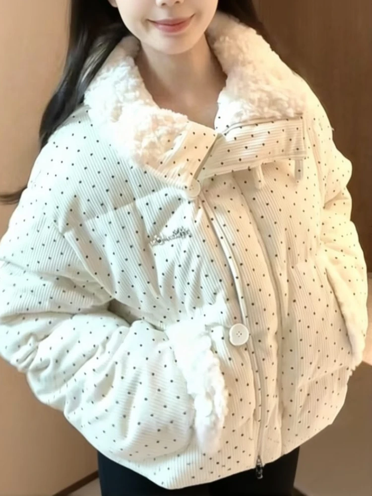 Polka Dot Warme Daunenjacke für Damen, gefüttert, Baumwolle, langärmelig, Oversize, kurzer Mantel, Herbst/Winter, dick, schick, Oberbekleidung, Stehkragen