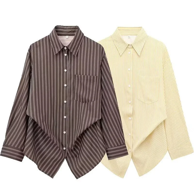 

Casual Bat Sleeves Stripes Turn-down Collar Shirt Summer Autumn Women Loose Soft Fashion Streetwear Office Lady Shirts Tops