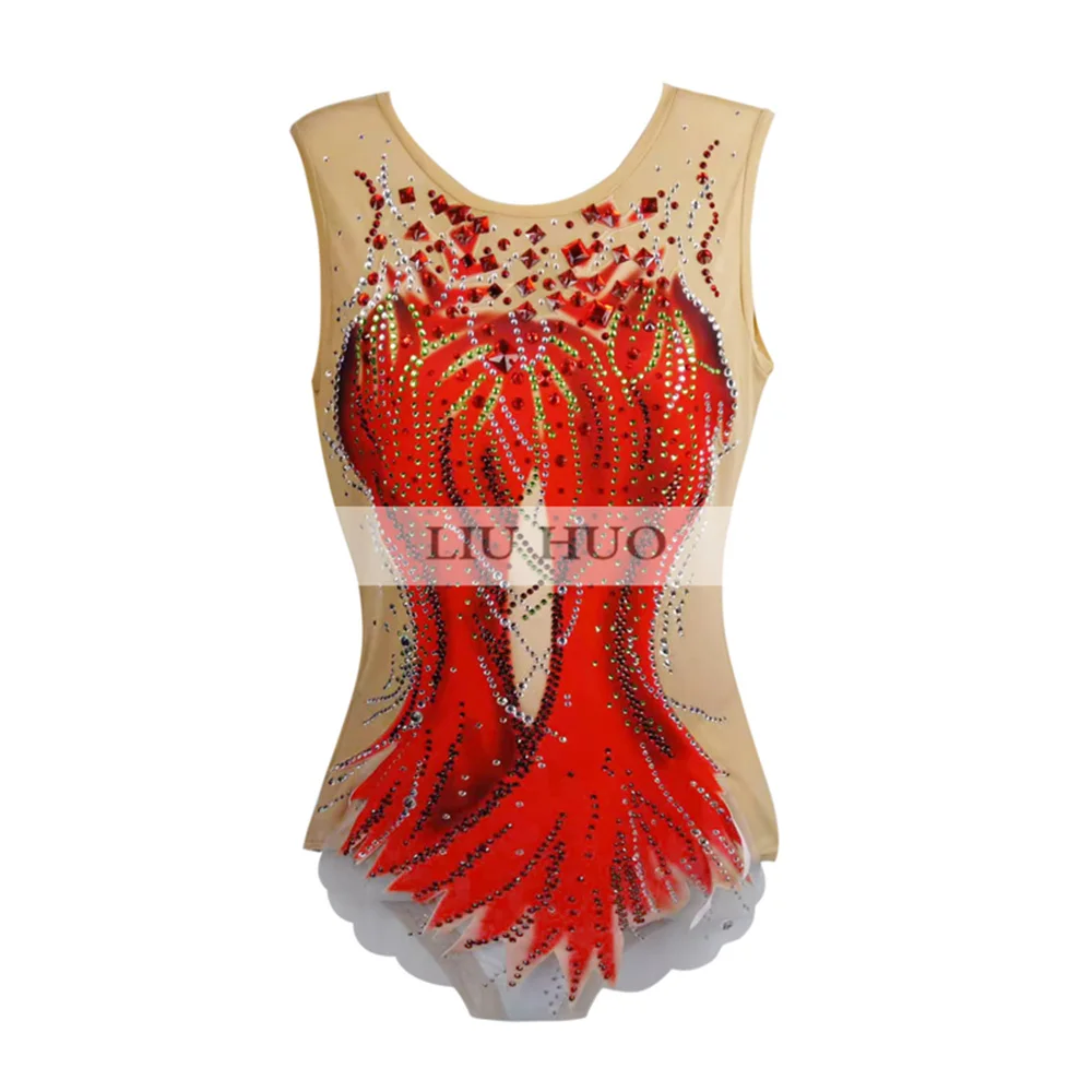 LIUHUO-Robe de Patinage Artistique pour Femme et Fille, Tenue de Performance sur Glace, Aqthmique, Compétition, Justaucorps Rouge, Collants Aérobique