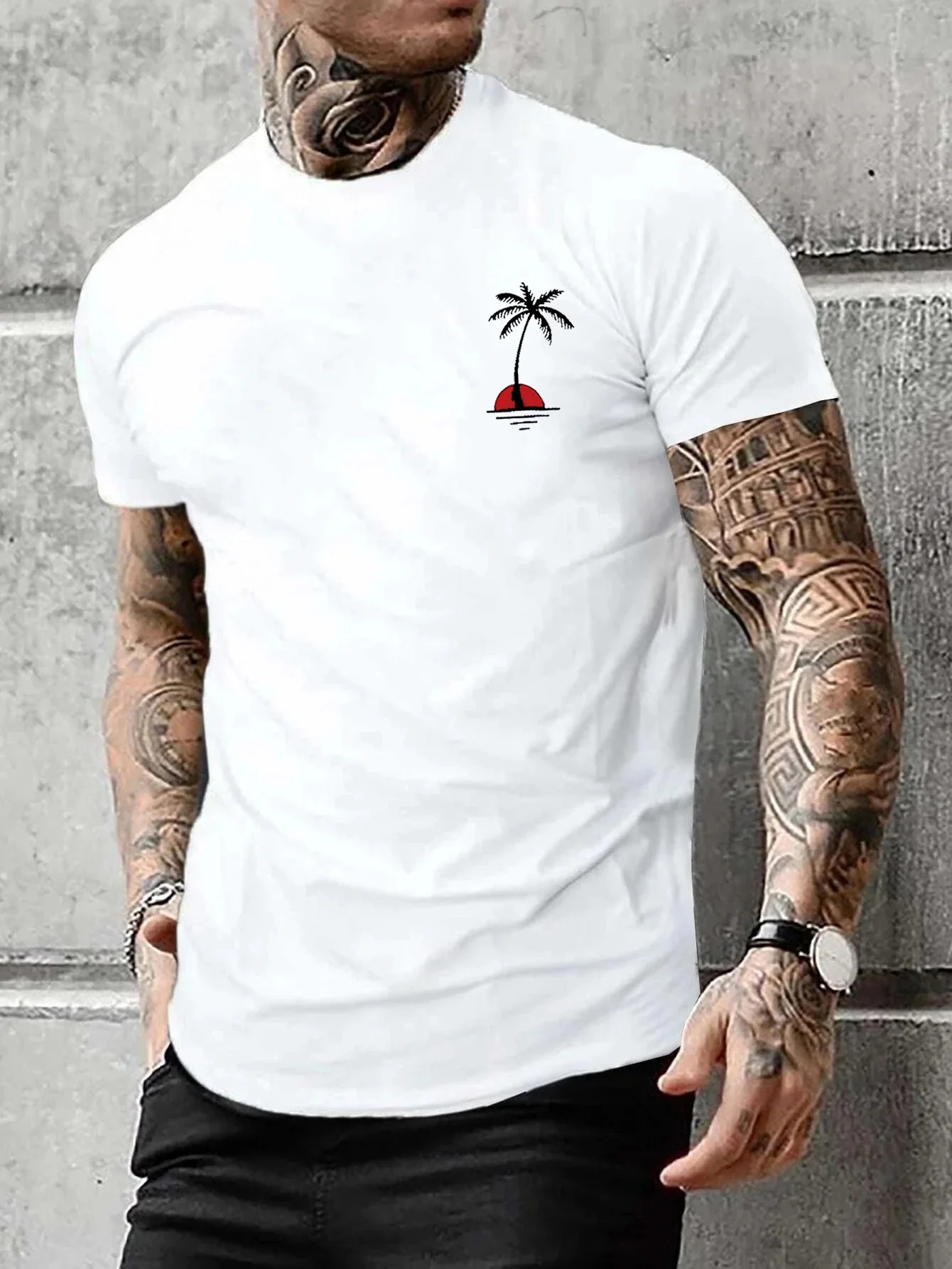 Men\'s Summer Casual Loose Size 100% Cotton Coconut trees Print Round Neck Short Sleeve T-shirt Top