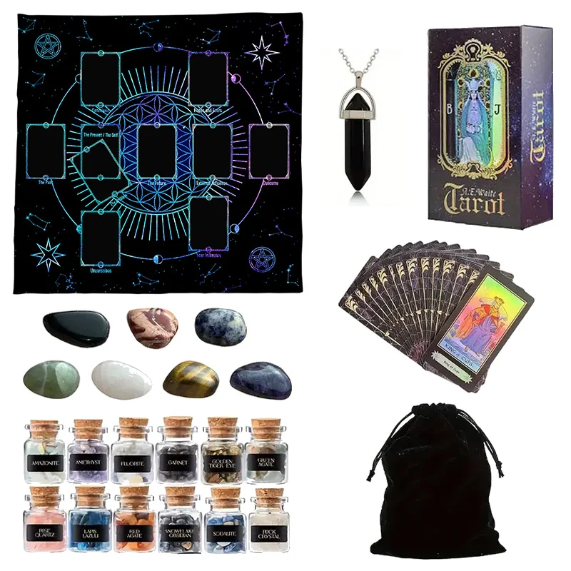 

Tarot Card Set 1 Set 78 Tarot Cards 12 Mini Crystal Vases 7 Chakra Stones 1 Tarot Tablecloth 1 Pendant Accessory 1 Storage Bag