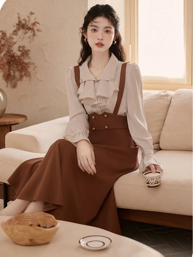 Office Lady Elegant Two Piece Skirt Set Women Spring Autumn Ruffles Shirt and Long Skirts Outfits