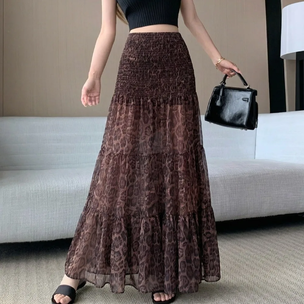 New 2026 Women's Midi Skirt Spring Summer Fashion Loose Fit Elastic Waist Leopard Print Tulle Pleated Slimming Long Skirts