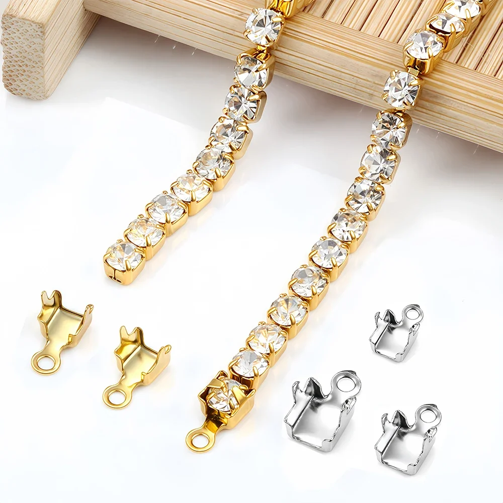 10/20Pcs Stainless Steel Gold Crimp Trim End Beads Connectors Clasp Tips Fastener DIY Necklace Rhinestone Chain Jewelry Making