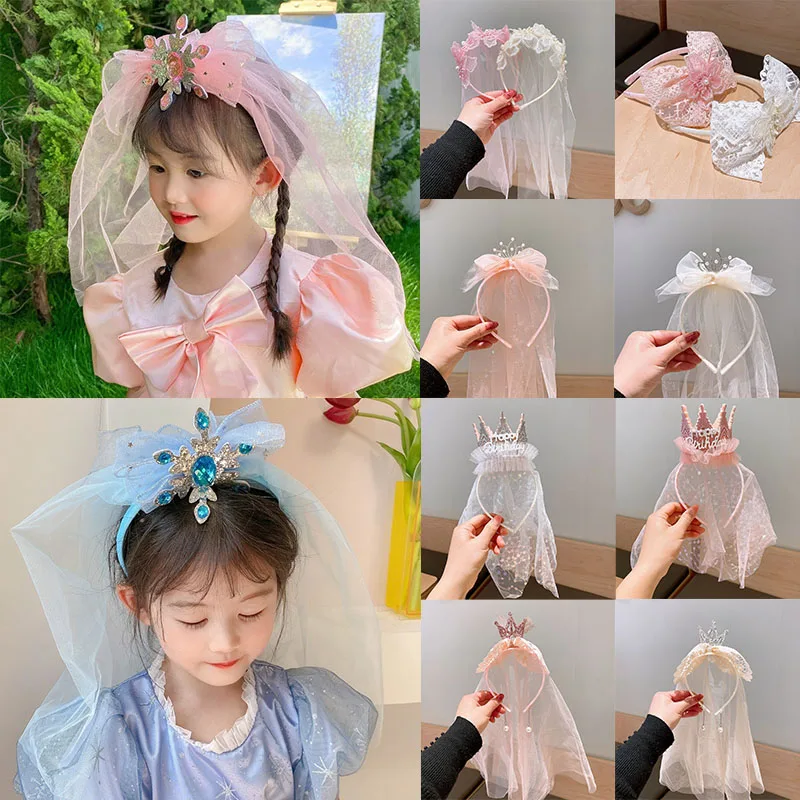 

Princess Girls Fairy Veil Pearl Crown Headband Hair Accessory Girl's Crown Ribbon Birthday Letter Headband Hair Accessory ZX07