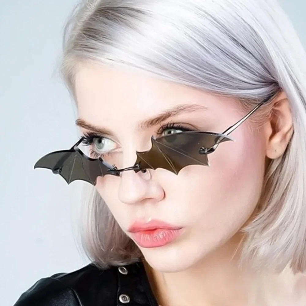 Fashion Rimless Men Sunglasses Women Trendy Bat Shaped Sun Glasses Female Male Vintage Black Mirror Shades Metal Oculos De Sol