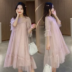 New 2023 Summer cotton Maternity Dress Sequin Fairy pregnancy Dresses Casual Half Sleeve Loose Pregnant Women dress zomer jurk