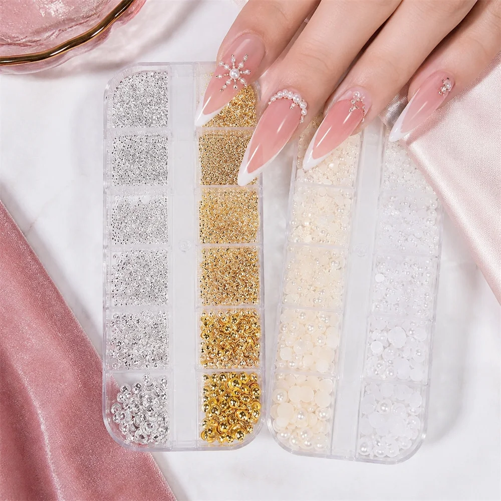 12 Grids Nail Decoration Charms Kit Half‑Pearl Metal Rice Caviar Beads Rivet Stud Flat Back Beads For Nail Art Handmade Project