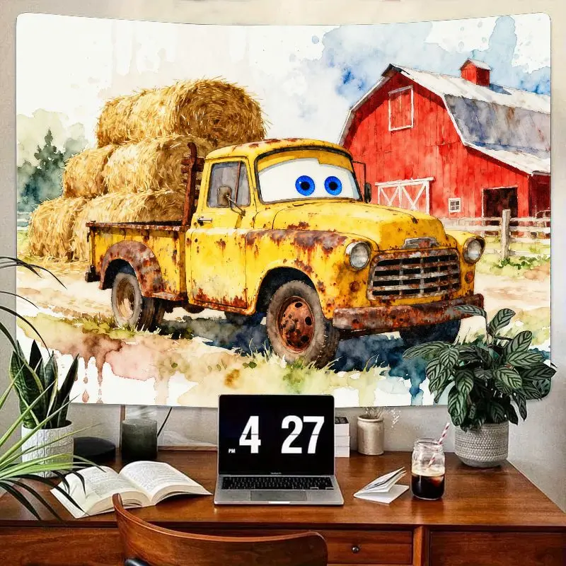 

1 шт. акварельный гобелен на фермерском доме, деревенский желтый грузовик с мультяшными глазами, тюками сена и красным саром, настенное искусство для декора фермерского дома.