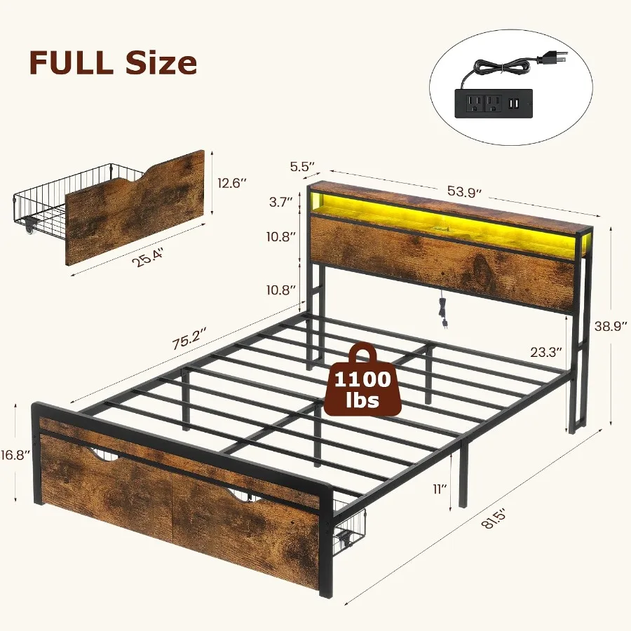 FAVOOSTY Full Size Bed Frame with 2-Tier Headboard, Metal Platform Bed Frame with 2 Storage Drawers, LED Lights and Charging St