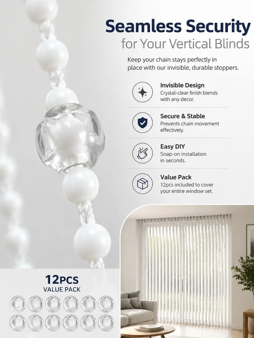 12Pcs Transparent Bead Chain Stopper Clear Crimp Stop for Roller Vertical Blinds Curtains Chain Connector Blind Safety Clip