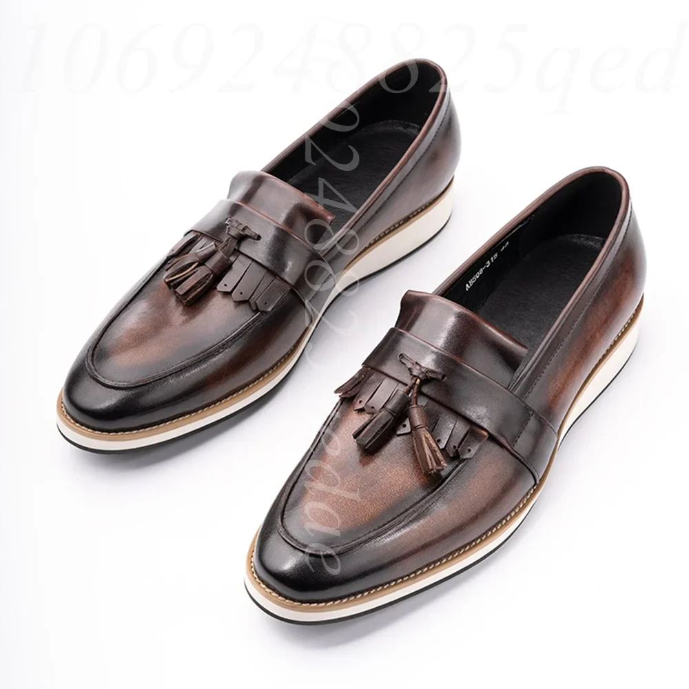 Polished Leather Casual Men Loafer Daily Slip-on Tassel Handmade Fashion Comfortable Flat Commuting Office Mens Loafer Shoes