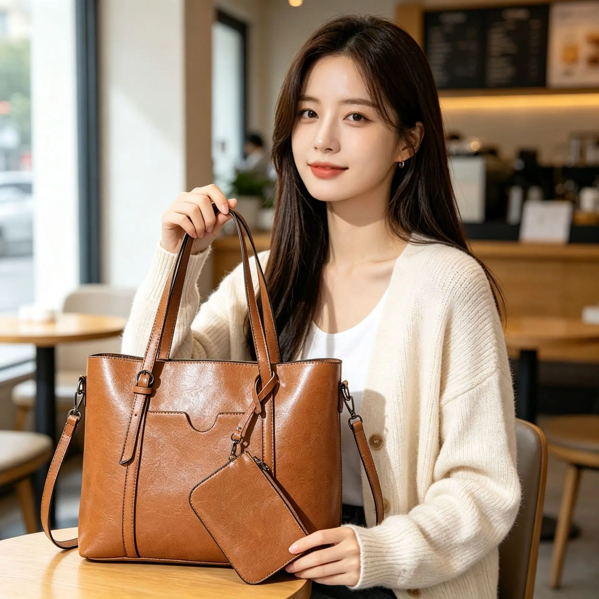 New Genuine Leather Women Shoulder Bag Fashion Simple Large-Capacity Commuter Tote Bag High-Quality Wear-resistant Handbag