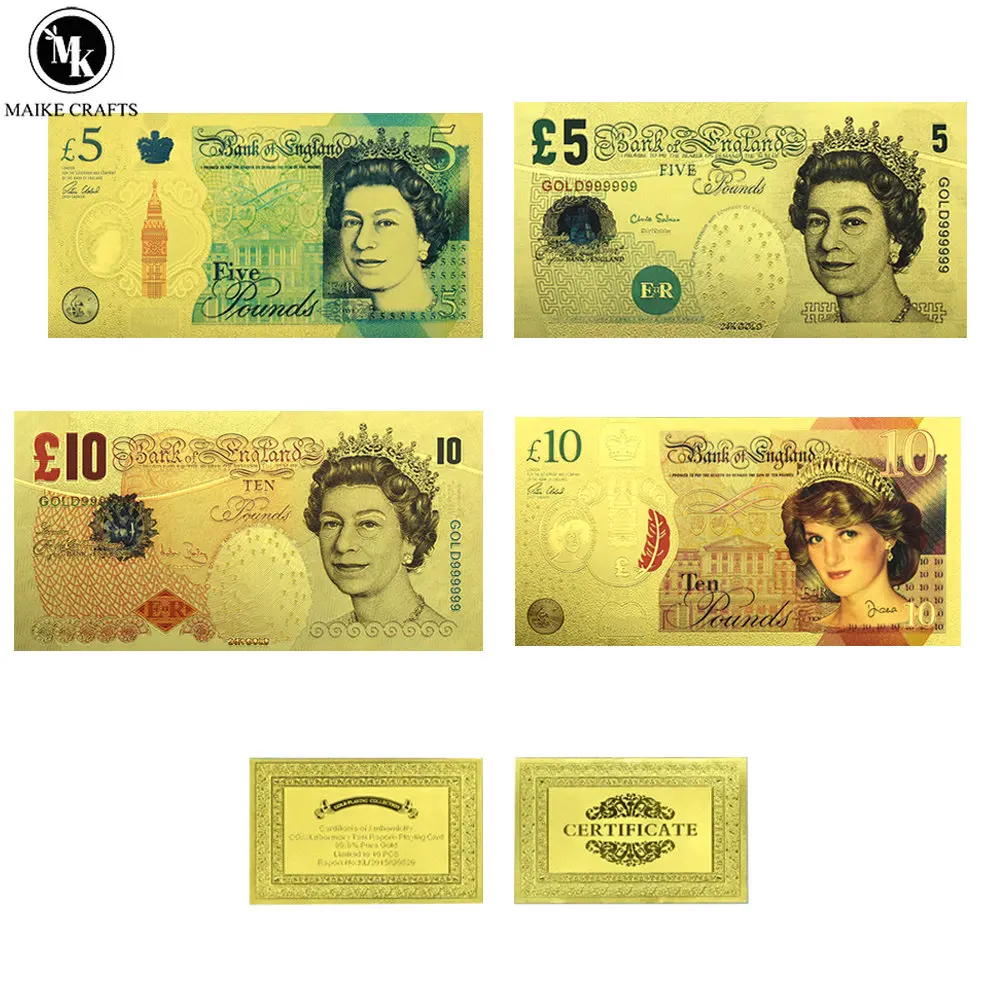 10pcs/lot Queen Elizabeth II Dollar 5/10 Gold Foil Banknote Home Decor Card Diana Memorial Banknote Collection of Festive Gifts