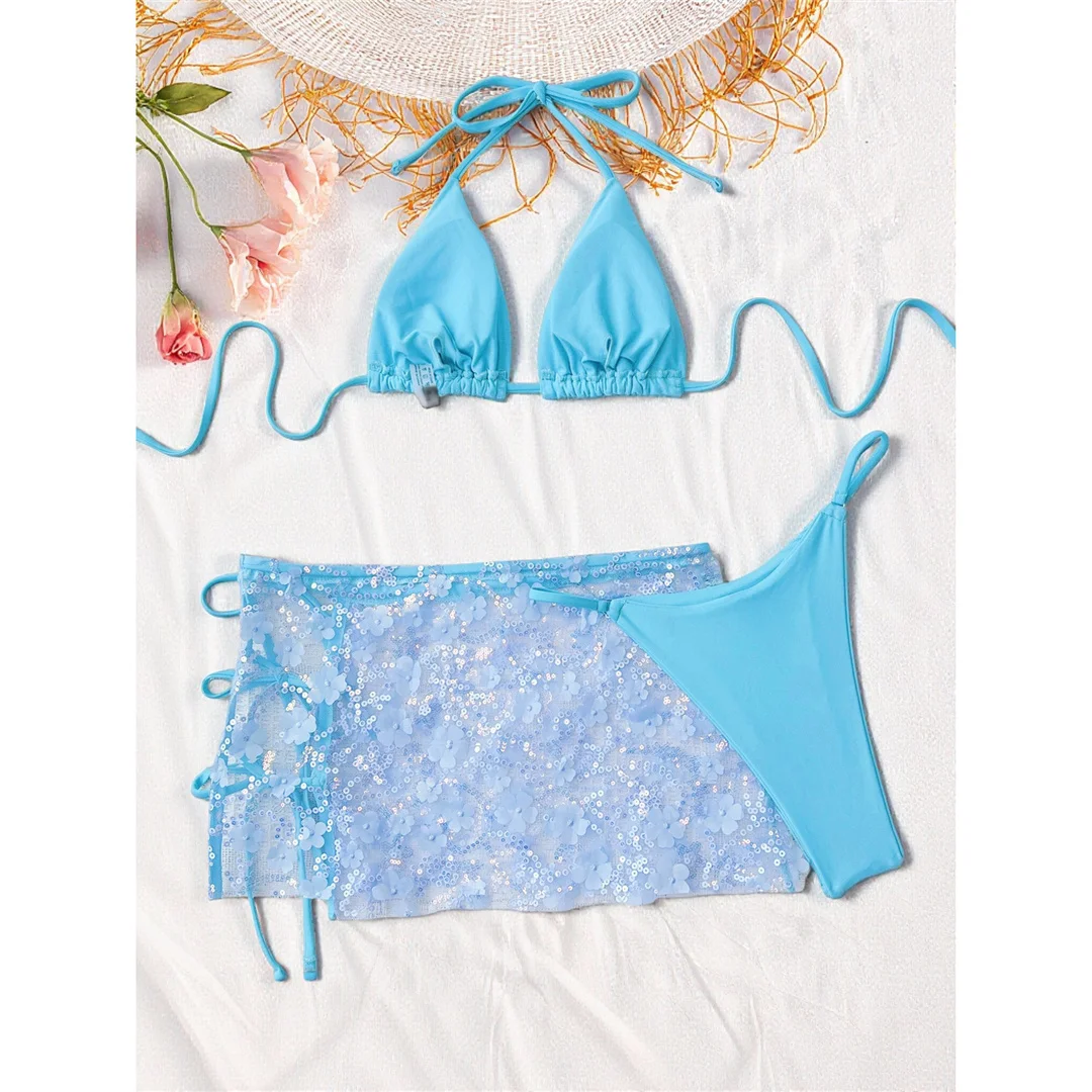 S - XL Dreiteiliges Bikini-Set mit Rock, Blumen, Pailletten, Damen-Bikini, Badeanzug, Badebekleidung, Badeanzug, Schwimmbekleidung V7864 – Detail 25