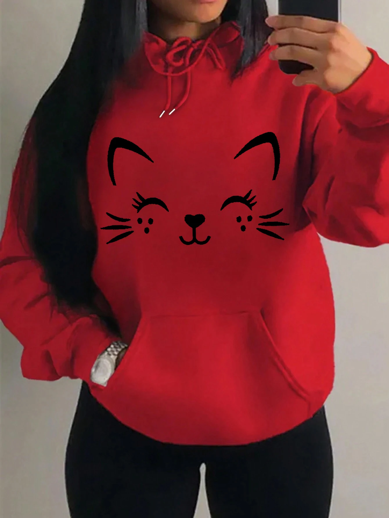 Simple Cat Smiley Face Pattern Women's Hoodie Fashionable Casual Street Trend Personality Hip Hop Hoodie Trendy Pullover Graphic