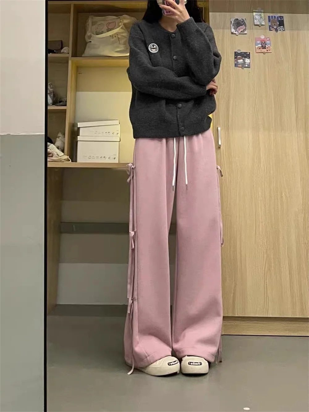 Y2k Soft Cotton Women Lounge Pants Bow Detail Side Ties Relaxed Fit Elastic Waist Comfortable Casual Sweatpants Grey Home Wear
