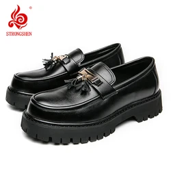 STRONGSHEN Men Tassel Casual Leather Shoes Mens Handmade Mocassin Loafers Brand Luxury Fashion Tassel Platform Business Shoes