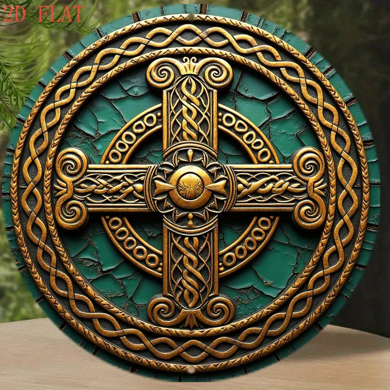 Antique Style Celtic Cross Metal Wall Decor - 8 Inch Round Celtic Knot Sign with Hooks, Green Gold Vintage Wall Art for Home Bar