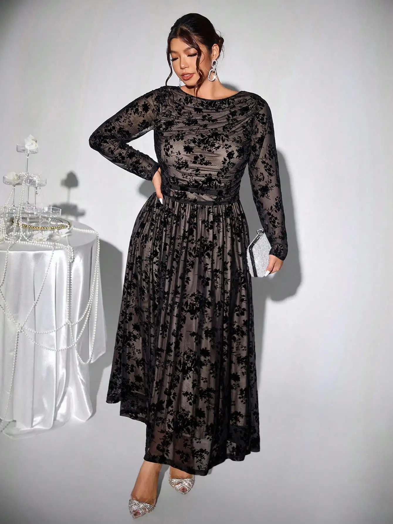 

Elegant Floral Lace Long Sleeve Floor Length Dress For Party Formal Evening