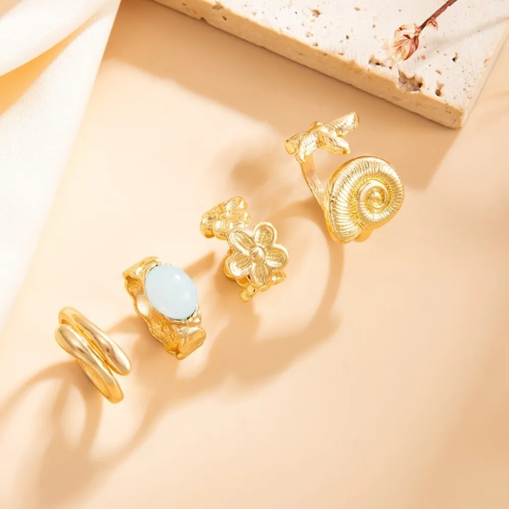 4Pcs/set Ocean Style Toe Ring Set Gem Inlay Multi Shape Conch Jewelry Metal Base Stack Match Flower Toe Band Photo Shoot