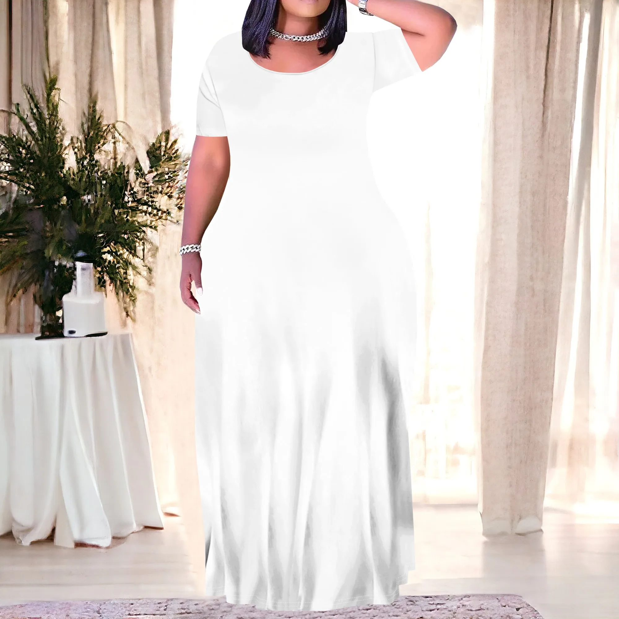 

Women's Plus Size Maxi Dress Tshirt Round Neck Short Sleeve Casual Loose Dresses Oversized Long Sun Dress with Pockets