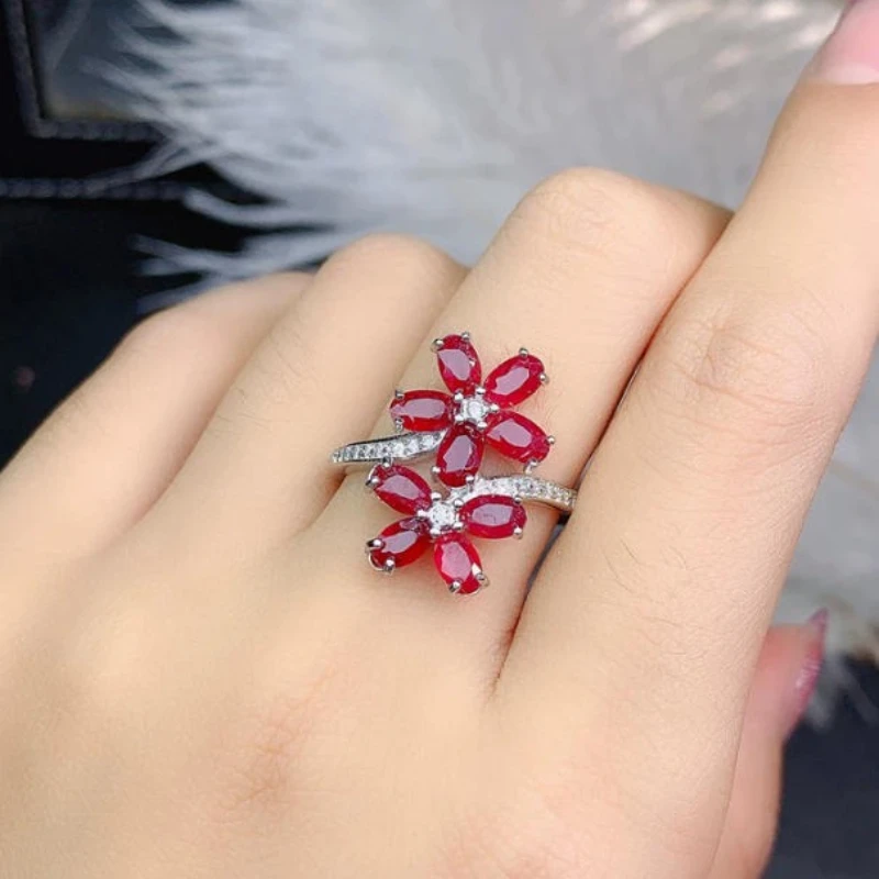 3x5mm Natural Ruby Ring with Certificate 925 Silver Flower Ring with Thick 18K Gold Plating Sterling Silver Gift for Women