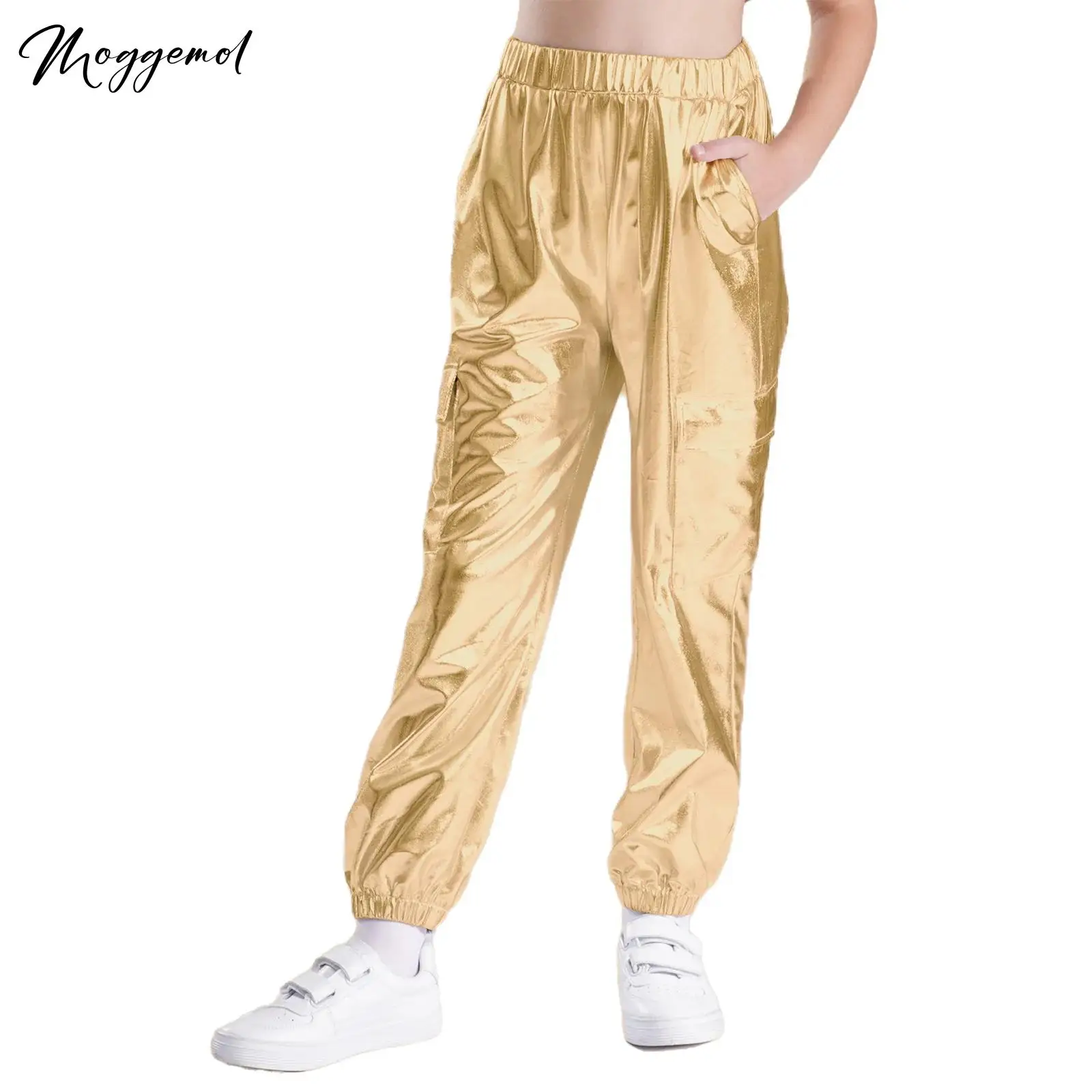 光沢のあるメタリックダンスパンツ,ユニセックス,ポケット付きスポーツパンツ,ハーレム,伸縮性のあるウエストバンド,ヒップホップ,男の子,女の子,子供向け