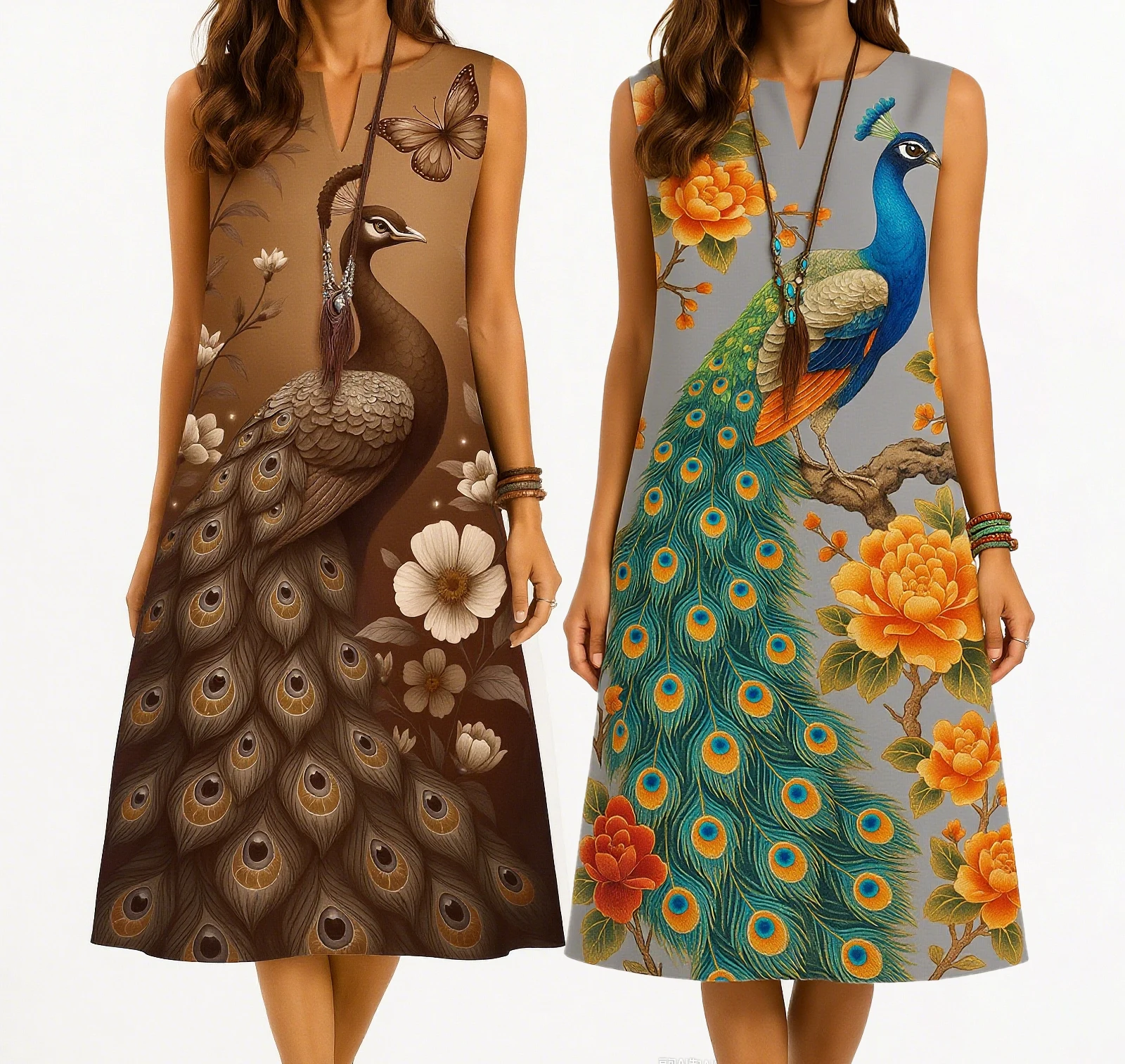 Kurt women's fashionable and elegant long sleeved straight tube casual V-neck peacock pattern luxurious new dress2026