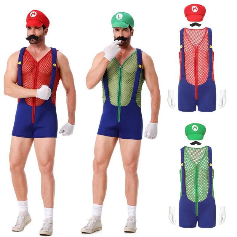 

Adult Cosplay Men's Anime Super bro Costume With Hat Sexy Men Red Blue Super Plumber Brother Fancy Set Carnival Party Dress Up