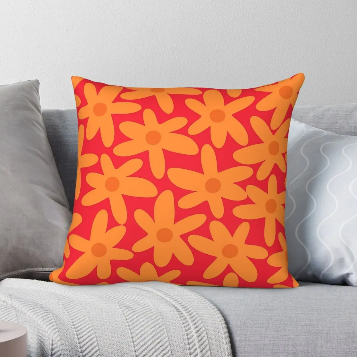 Daisy Time Floral Orange Red Square Pillowcase Polyester Linen Velvet Printed Zip Decor Home Cushion Cover