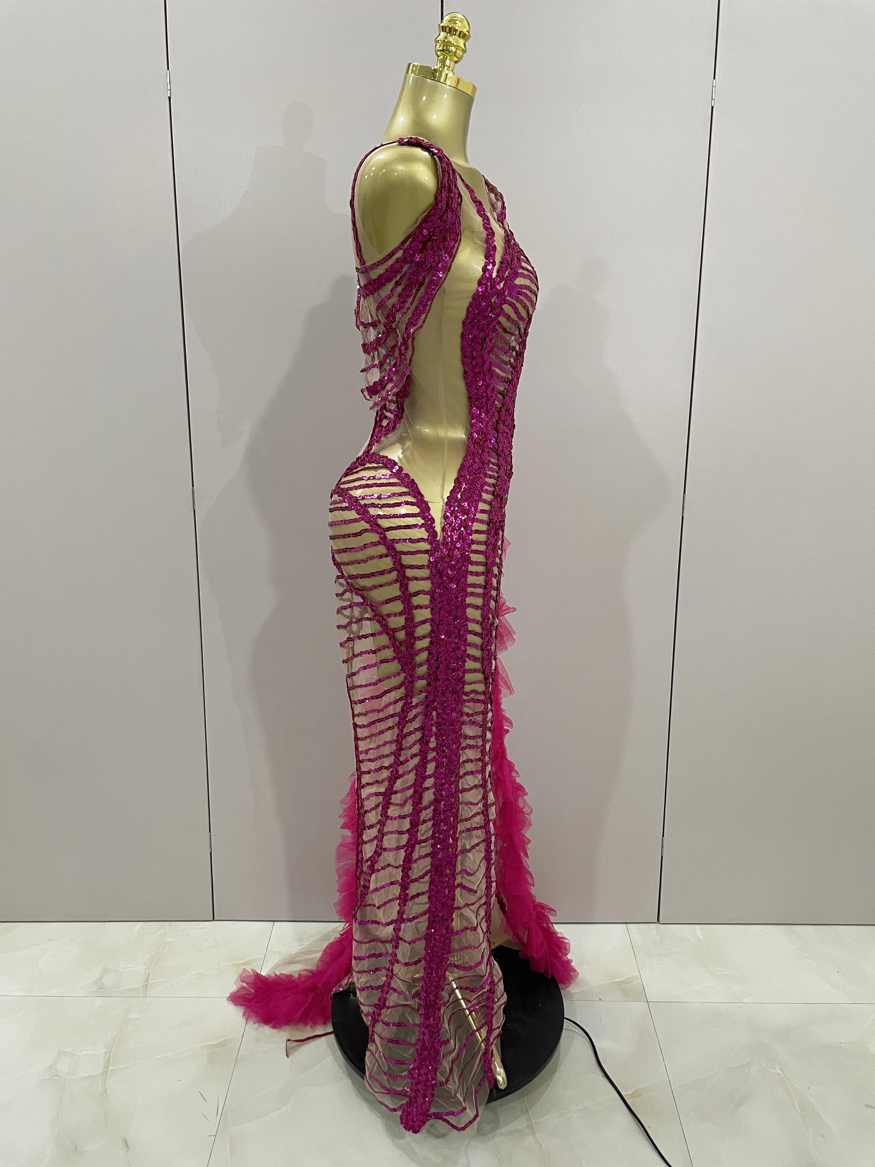 ประกายเลื่อมเซ็กซี่ตาข่ายซีทรูหางยาวชุดผู้หญิงงานแต่งงานฉลองชุดราตรีงานพรอมวันเกิดชุดไนท์คลับเครื่องแต่งกาย