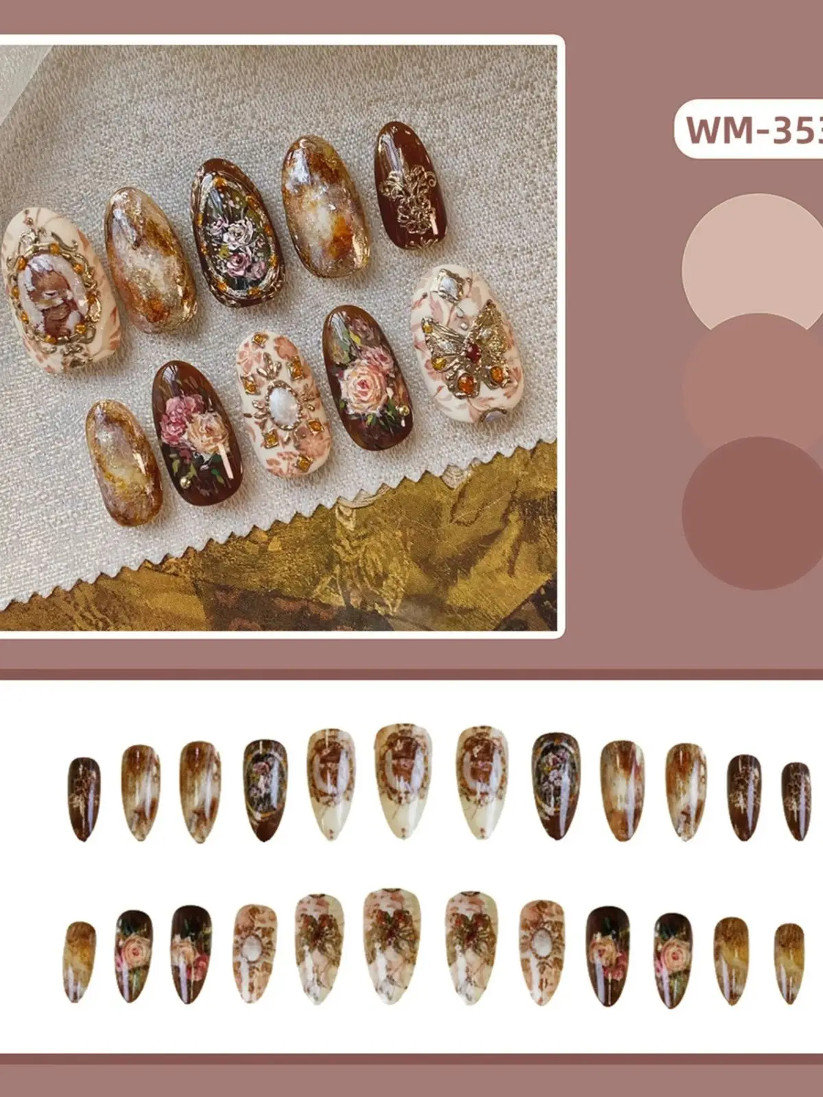 24 Stück bernsteinfarbene Rose-Kunstnägel zum Aufdrücken der Nägel mit Ölfarbe, Blumen-Designs, lange Mandel-elegante Sizzy-Herbst-Kunstnägel, tragbar