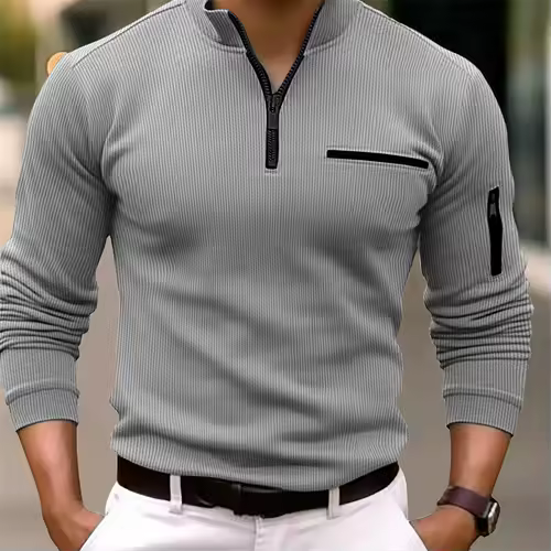 New light luxury light mature casual men sports retro  style striped zipper  arm  fashion men  outdoor  long  sleeve POLO shirt - Image 7