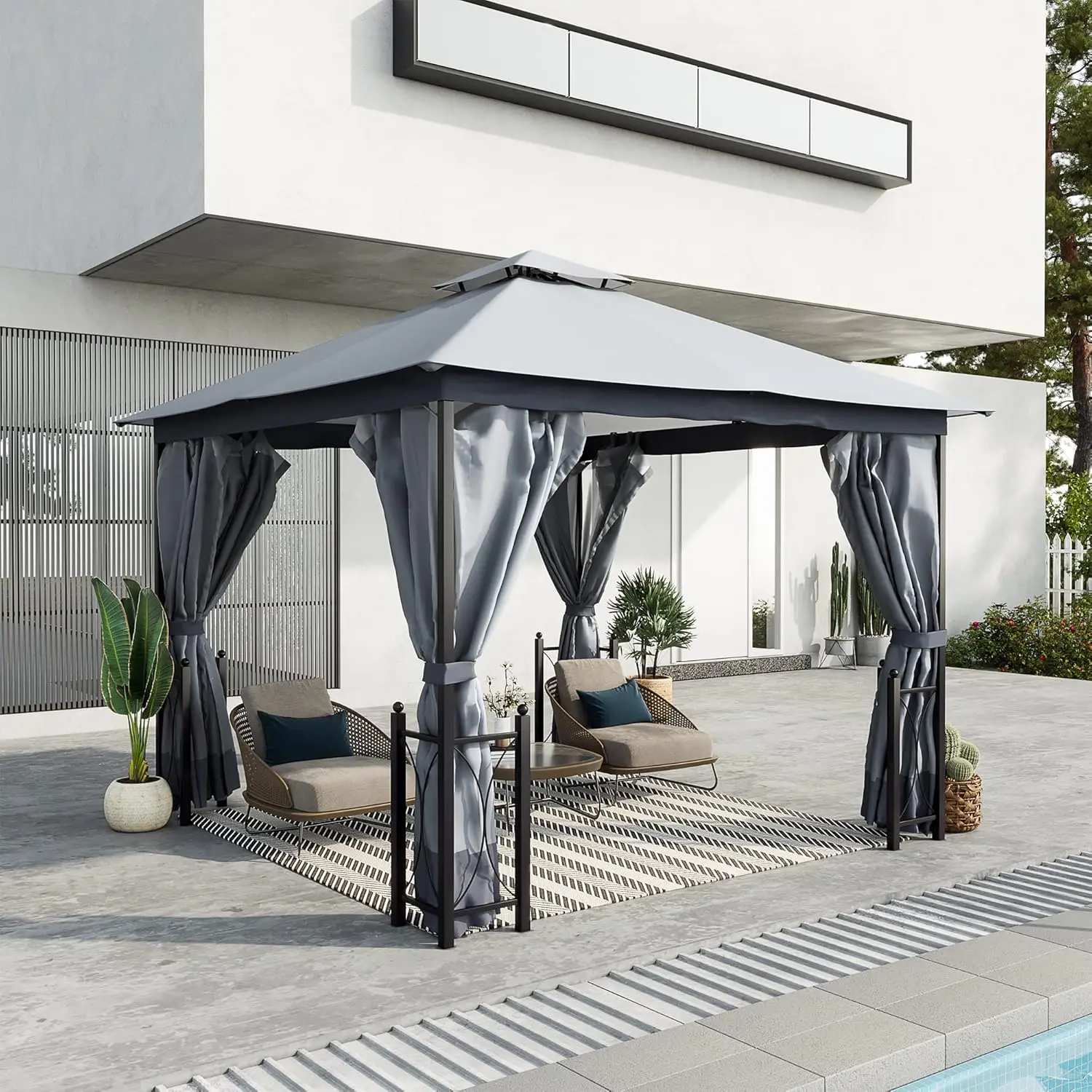 11' x 13' Patio Gazebo, Double Roof Outdoor Gazebo Canopy Shelter with Netting & Curtains, Steel Corner Columns for Garden, Gray