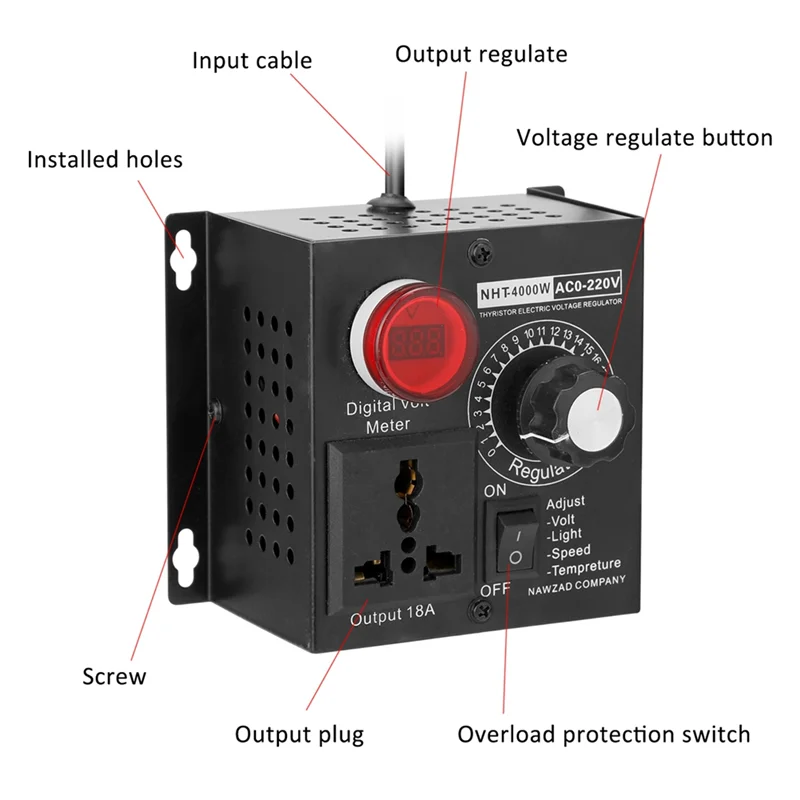 

ABUL-4000W Compact Variable Voltage Controller Portable SCR Voltage Regulator For Speed Temperature Adjustment EU Plug
