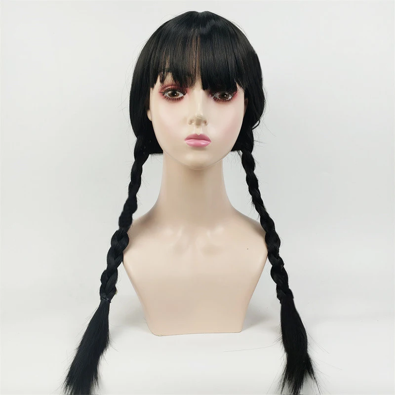 

Парик для косплея «Среда», длинные черные косы, чехол на голову, термостойкие синтетические парики с челкой для Хэллоуина, костюм, реквизит для вечеринки