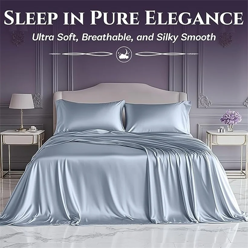 Mulberry Silk Bed Sheet Set 4/6Pcs Smooth Fitted Sheet Flat Sheet Pillowcases Wrinkle Resistant Washable Luxury Silk Bedding Set