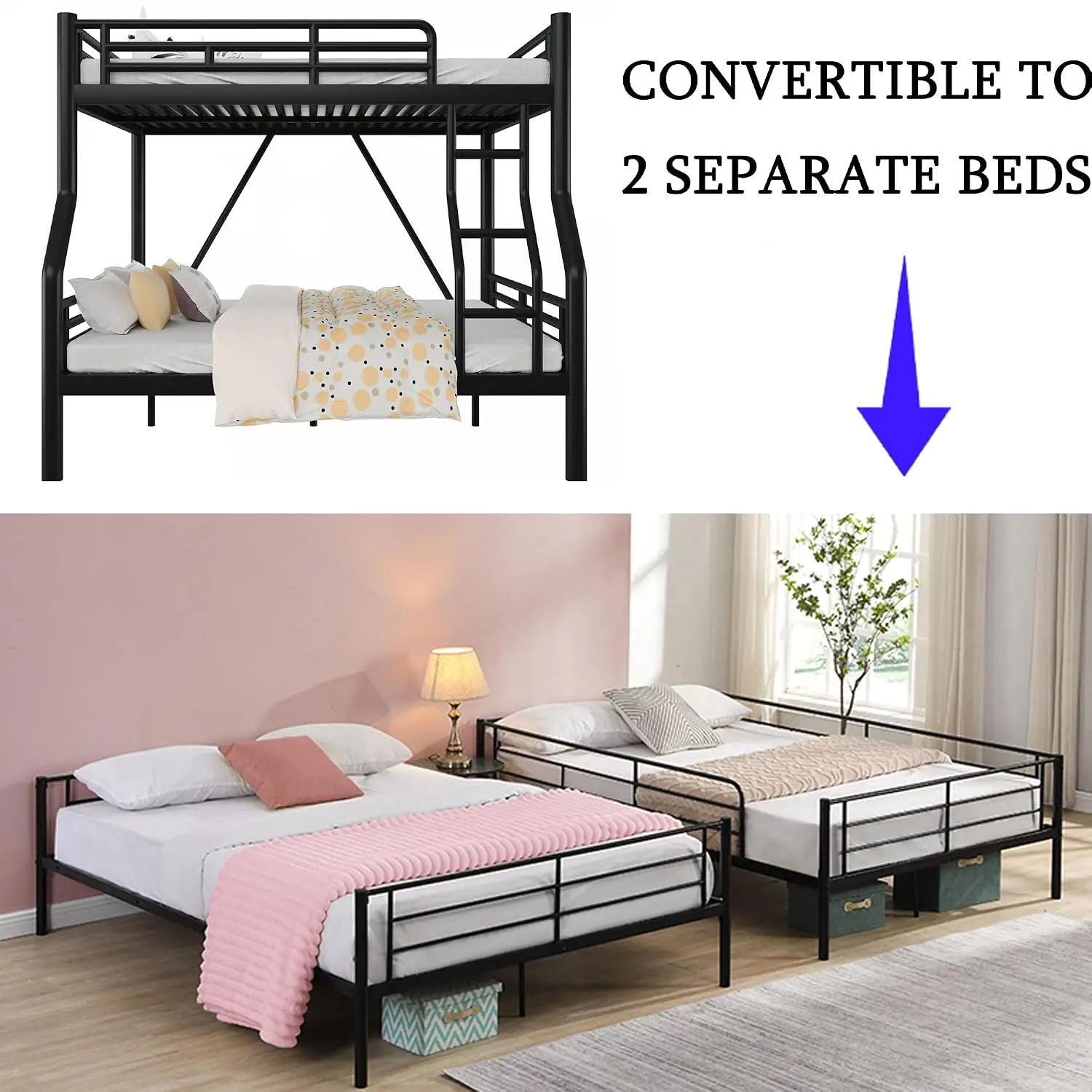 Metal Full XL Over Queen Bunk Bed for Adults, Heavy-Duty with Ladder Convertible to 2 Separate Beds 600 lbs, Customized