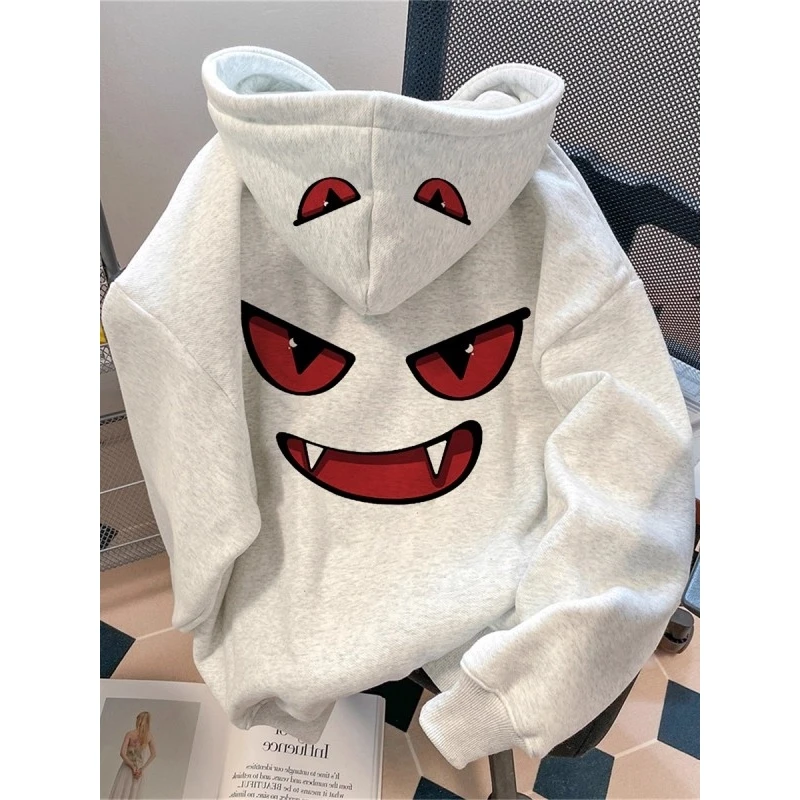 

Мужская толстовка оверсайз с капюшоном, на флисовой подкладке, свободного кроя, с принтом «Дьявол», осенне-зимняя, теплая, из полиэстера, с узором