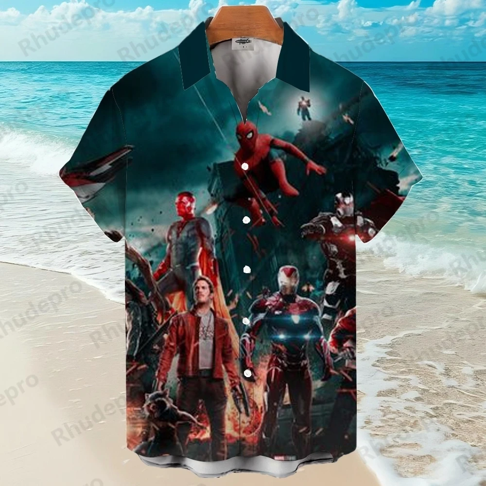 디즈니 2025 새로운 어벤저 스 3D 프린트 슈퍼 히어로 하와이 셔츠 남성용 옷깃 반소매 셔츠 하라주쿠 스타일