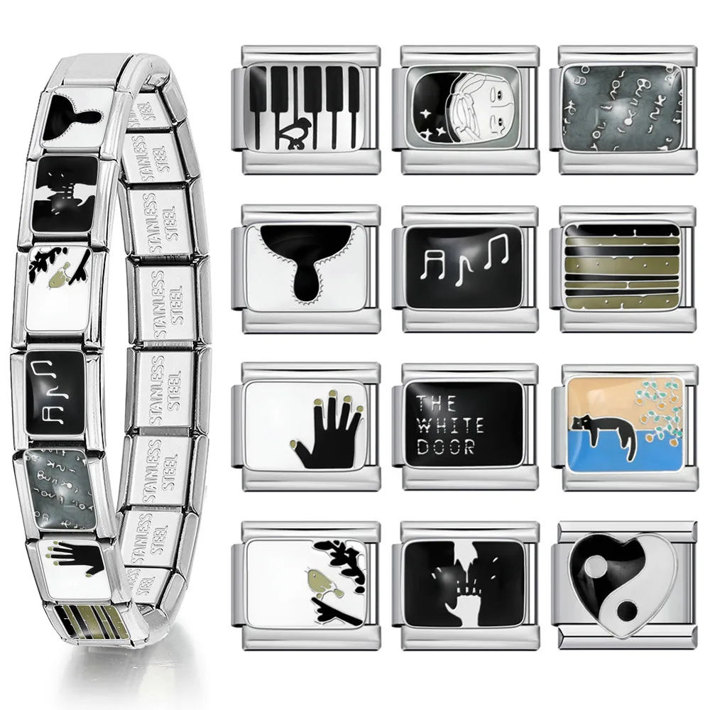 1 Stück Original Design Charm Link passend für 9mm italienisches Armband aus Edelstahl, Palmen-Musik-Vogel, Schmuck für Männer und Frauen, DIY-Zubehör. – Detail 1