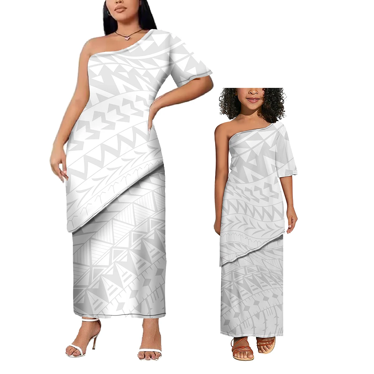 White Puletasi Sexy Ladies Long Dress Prom Party Elegant Polynesian Family Set Cute Kid Girls 2pcs Dress Set Samoan Dress