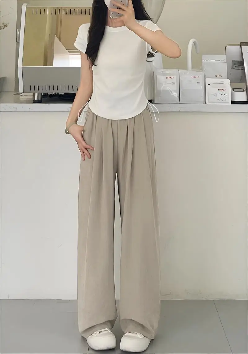 Pantaloni a gamba larga Lunghi da donna Primavera Pieghe in poliestere Cintura per giovani Urban Kpop Training Twill a vita alta Bunched Kinetic Chic