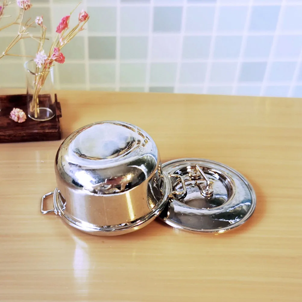

3 Pcs Dollhouse Soup Pot Miniature Kitchen Utensil Silver Stockpot Imitation Steel Alloy Decorative Practical Photo