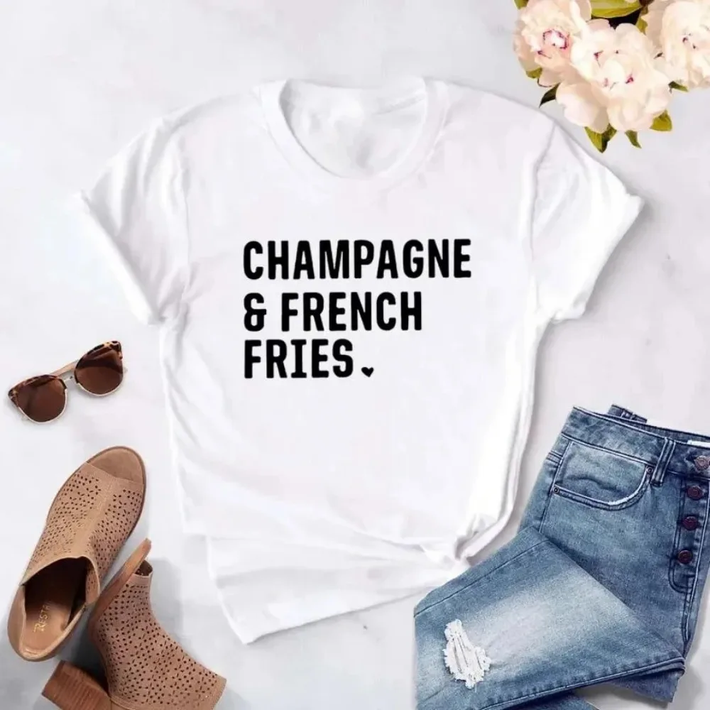 Champagne French Fries Damen T-Shirt, lässiges Hipster-T-Shirt, lustiges T-Shirt für Damen, Yong Girl Top, Damenkleidung, ästhetische Kleidung – Detail 1