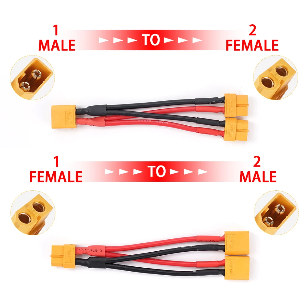 XT60 Parallel Battery Connector Male/Female Cable Dual Extension Y Splitter 2-Way 14AWG Silicone Wire for Battery Charger Motor