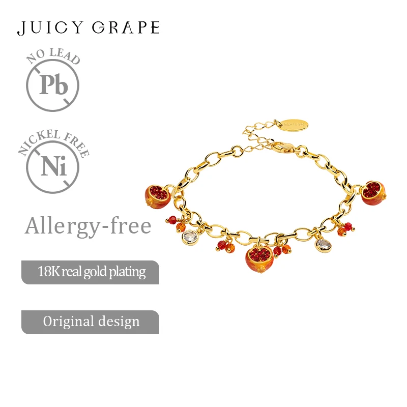 JuicyGrape Pomegranat Bracelet Fruit Pendant Bracelet Adjustable Bracelet Handmade Enamel Bracelet Plated with18K Real Gold Gift