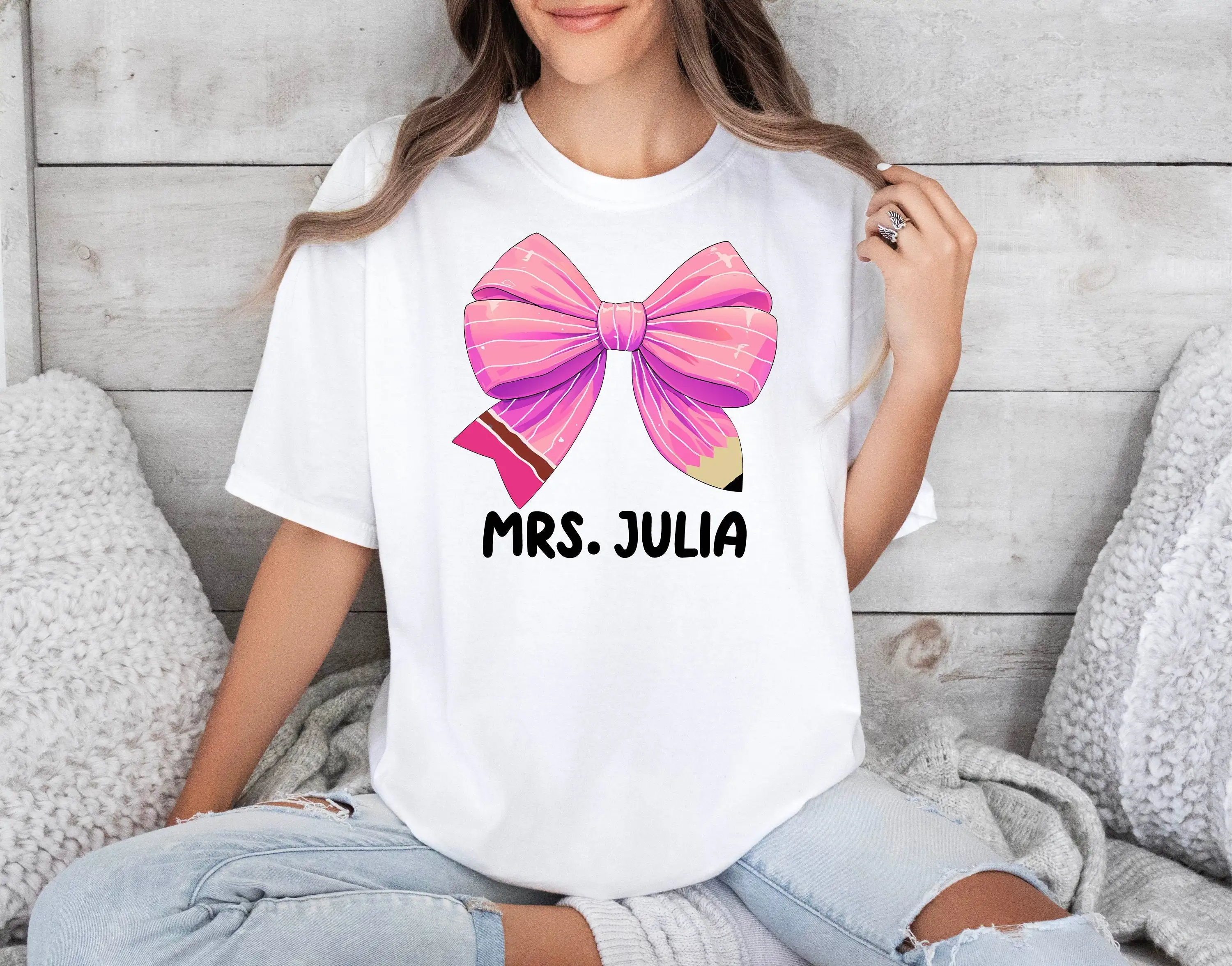 Personalized Teacher Pencil Coquette Bow T Shirt Comfort Colors Appreciation Teach Love Inspire